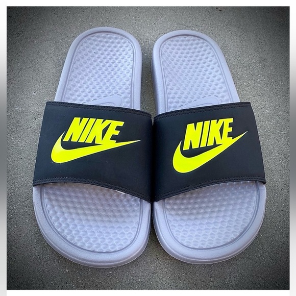 NIKE BENASSI SLIDES JUST DO IT JDI BLACKS GREYS VOLT NEONS GREENS - Picture 1 of 7